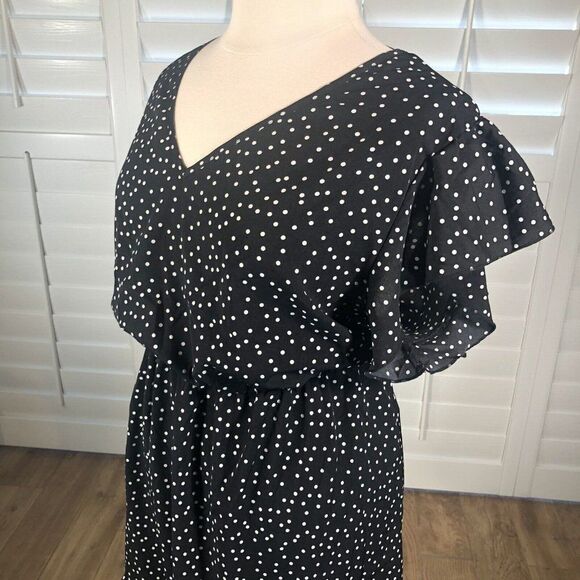 Black Polka Dot Dress Plus 4XL V Neck Flutter Blouson Lightweight Spring - Picture 6 of 11
